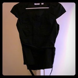 Black cap sleeve button up with belt